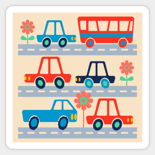 RUSH HOUR Retro Kids Traffic Transportation Vehicles Cars Trucks Bus on Roads - UnBlink Studio by Jackie Tahara Sticker